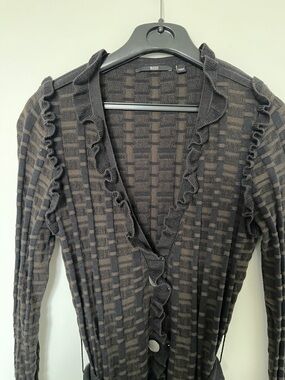 Hugo Boss Black & Brown Ruffle-Trim Knit Cardigan, Size M